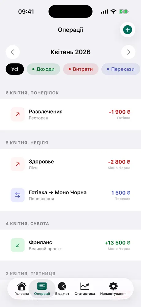 Budgetly iOS screenshot: Operations